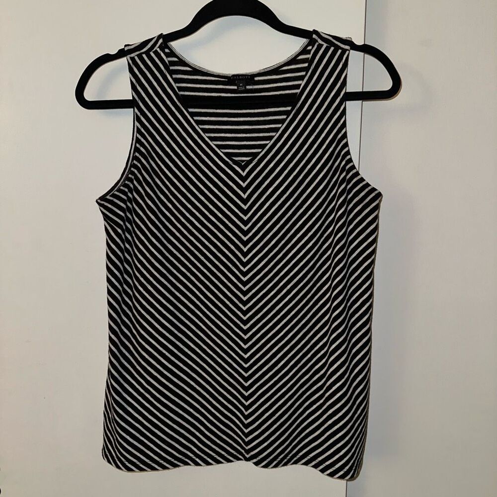 Talbots Medium Knit V Neck Chevron Stripe Linen Blend Womens Tank Top B&W EUC
